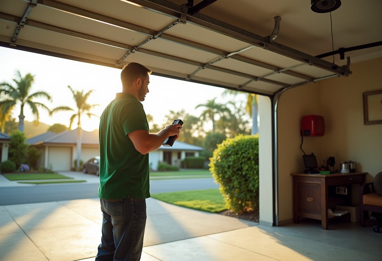 Technician adjusting a belt-drive garage opener — Labrador